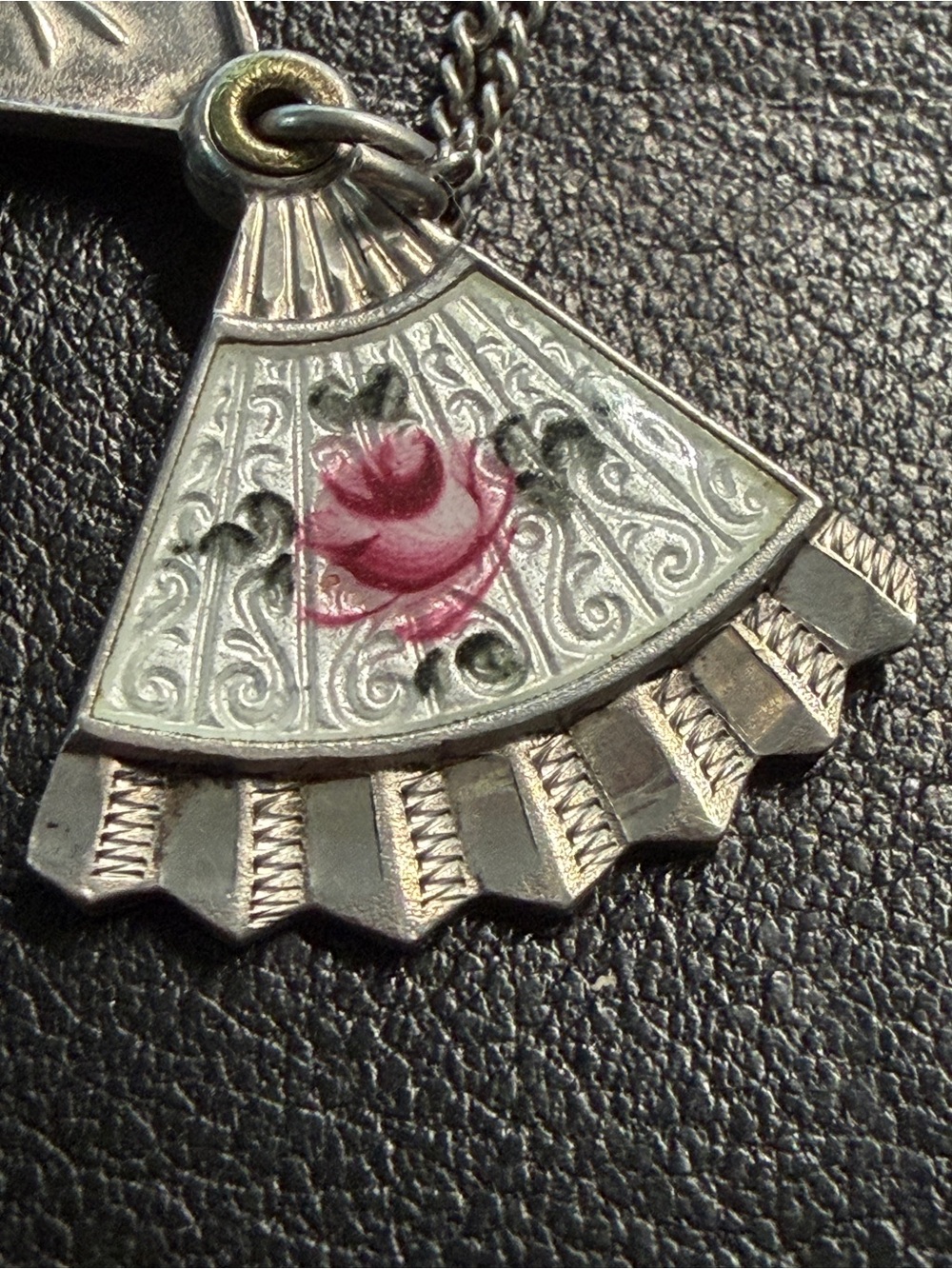 Vintage 925 Guilloche Enamel Rose Slide Hand Fan 4-Way Religious Medal Necklace - Picture 9 of 16